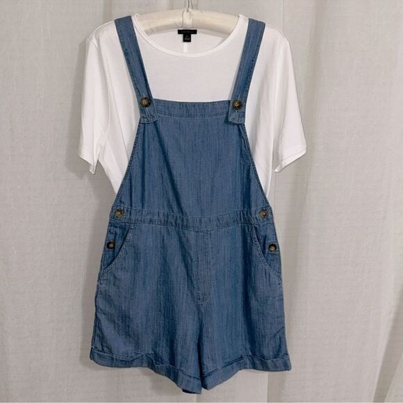 Hollister S Cotton Chambray Blue Overall Cuffed Shorts with Pockets - Picture 1 of 12
